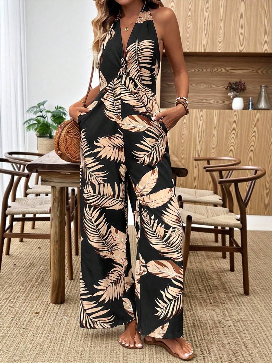 SHEIN Holidaya 女士休闲度假V领连体裤 - 黑色 - 查看 1