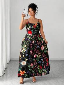Elenzga 加大码随机印花黑色底亮丽花朵热带度假风吊带收腰A字长裙，优雅性感 - 彩色 - 查看 6
