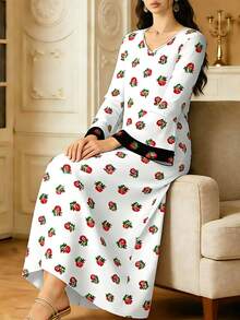 SHEIN Najma Đầm nữ thanh lịch cổ chữ V hai lớp tay loe in họa tiết hoa lá, thích hợp cho mùa xuân/thu. - Nhiều màu - Xem 4
