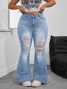 Jeanoix Plus Size Women High Waist Pockets Distressed Flare Leg Jeans - Blue - View 1