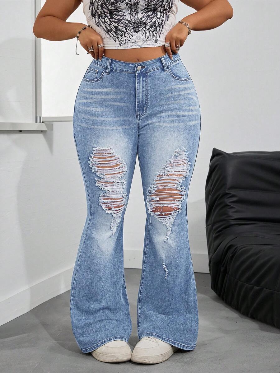 Jeanoix Plus Size Women High Waist Pockets Distressed Flare Leg Jeans - Blue - View 1