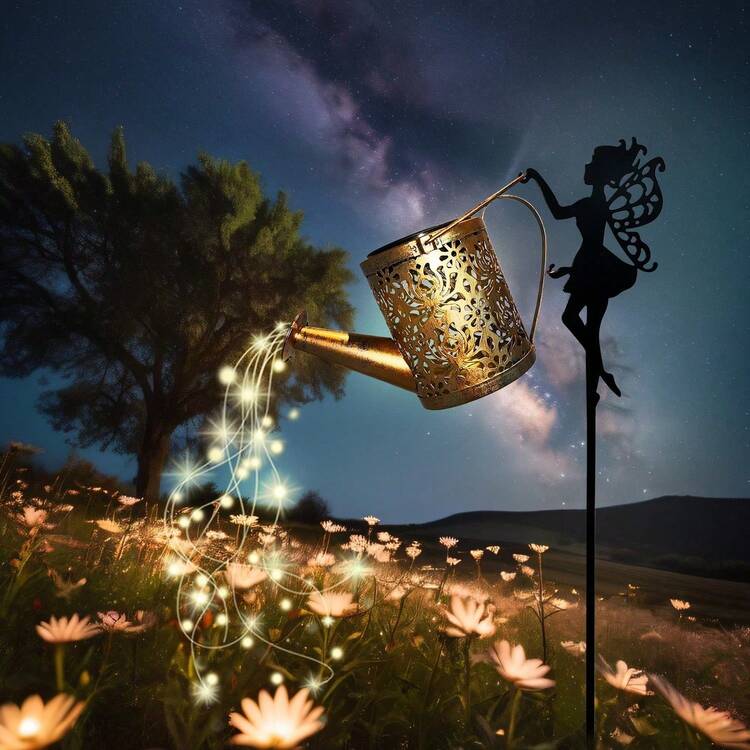 1个太阳能仙女浇水壶花园灯，金属太阳能浇水壶带LED灯，节能环保，户外悬挂装饰，盆栽植物点缀，无遥控器，适用于草坪和花园装饰 - 銅色 - 查看 1
