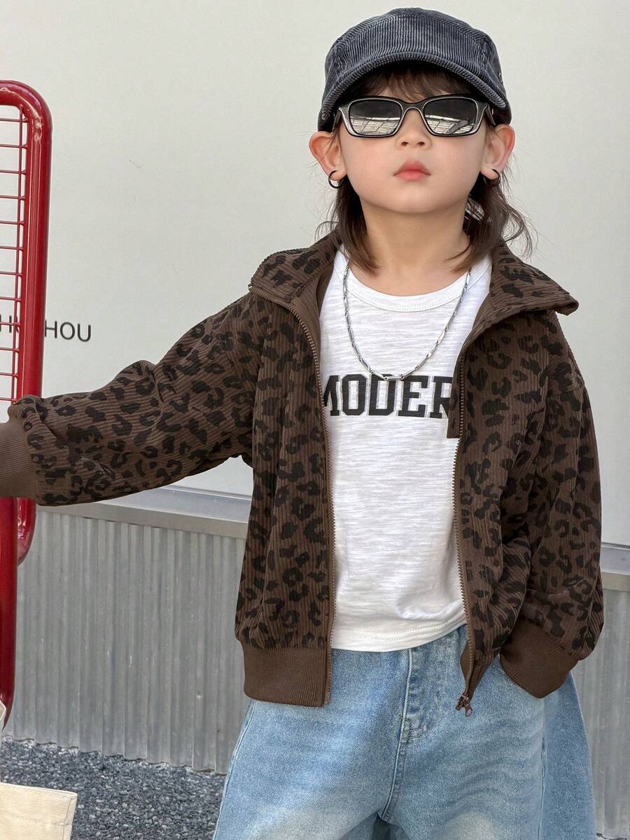 Dazy Kids 幼儿男童宽松豹纹领卫衣，休闲秋季款 - 棕色 - 查看 1