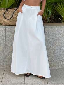 DAZY 女士常规腰围褶裥长裙，休闲度假风牛仔A字裙 - 白色 - 查看 4