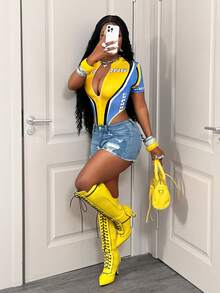 SHEIN BamGlam Women's Letter Print Zip-Up Tight Fitting Bodysuit - Multicolor - View 1