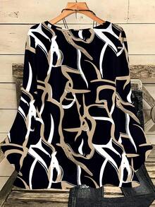 EMERY ROSE Blus Wanita Ukuran Besar Elegan dengan Motif Geometris Abstrak, Kasual, Potongan Longgar, Leher Bulat, Lengan 3/4, Cocok untuk Liburan Musim Semi - MultiWarna - View 4