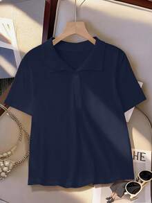 GlowEve CURVE Áo thun tay ngắn LUNE cỡ lớn dành cho nữ, phối màu đơn giản, đa năng cho mùa hè, mặc hàng ngày, cổ bẻ, thích hợp cho thể thao, công sở, đi làm - Màu xanh lam - Xem 4