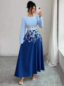 Rafferiza Đầm thêu thanh lịch và duyên dáng với dáng chữ A, cổ tròn, tay dài, eo thắt, thích hợp cho các bữa tiệc và dịp lễ, mùa xuân/hè. - Màu xanh lam - Xem 6