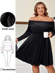 Enliva Vestido de terciopelo de manga larga para mujer de talla grande, vestido de hombros descubiertos para otoño/invierno, vestido de Navidad, Día de San Valentín, para figura de manzana y redondeada - Negro - Ver 1