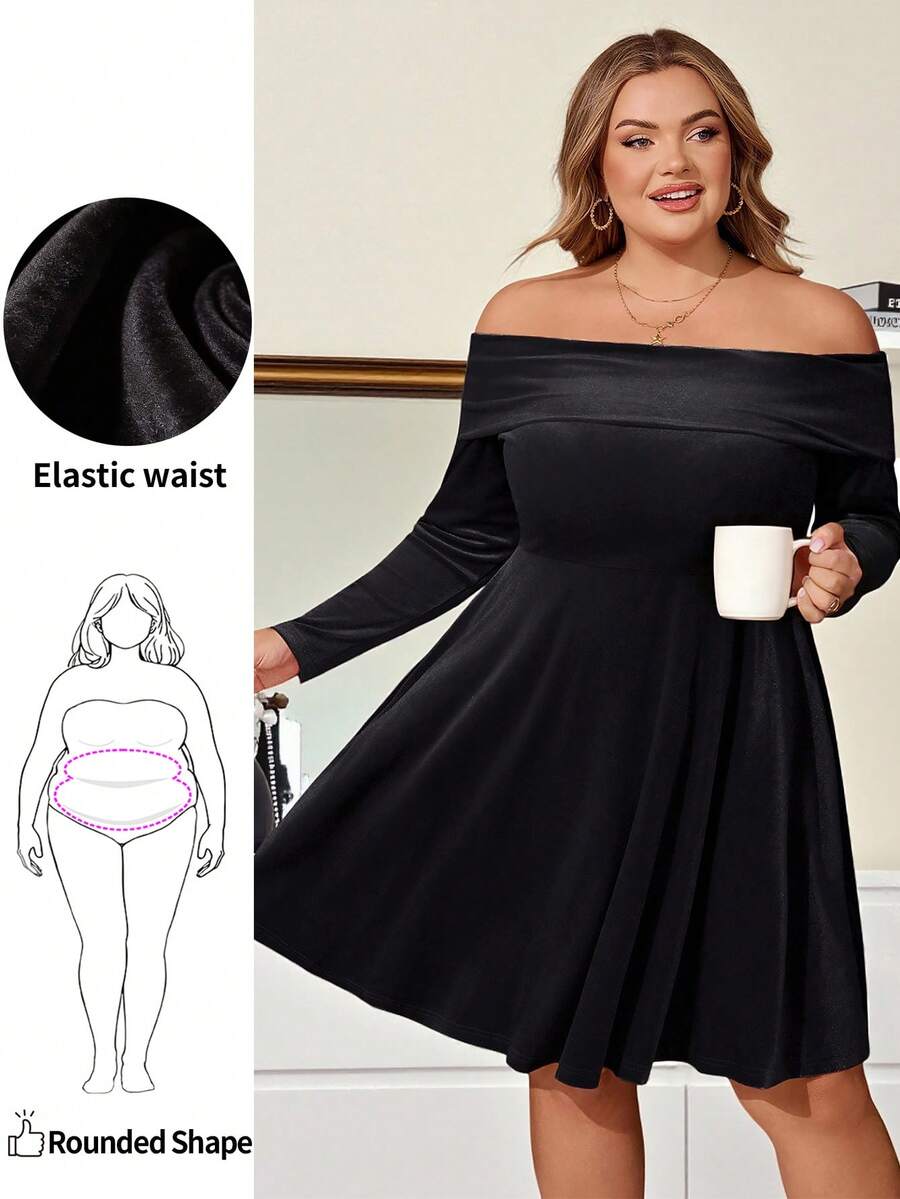 Enliva Vestido de terciopelo de manga larga para mujer de talla grande, vestido de hombros descubiertos para otoño/invierno, vestido de Navidad, Día de San Valentín, para figura de manzana y redondeada - Negro - Ver 1