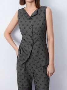 Maija 2026 Spring & Summer Outfits Women Embroidered Fabric 2pcs Suit Set Sleeveless Top & Long Pants, Minimalist & Fashionable For Casual Daily Wear,Festival,Women's Summer Set,Valentine Clothes, - Dark Grey - View 4