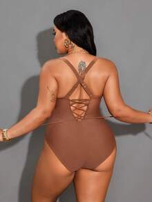 Shapewave Große Größen Eleganter einteiliger Badeanzug in Unifarbe für Damen - Kaffeebraun - Übersicht 7