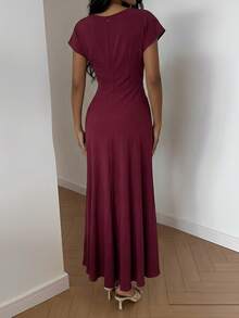 Serisse 女士优雅纯色收腰长连衣裙，夏季 - 酒紅色 - 查看 2