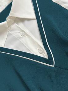 Elenzga 大码女式法式休闲优雅拼接长袖连衣裙，秋冬款 - 霧霾藍 - 查看 4