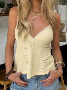 CovetEZ Women's Casual Yellow Lace Trim Camisole Top, Summer - Yellow - View 1