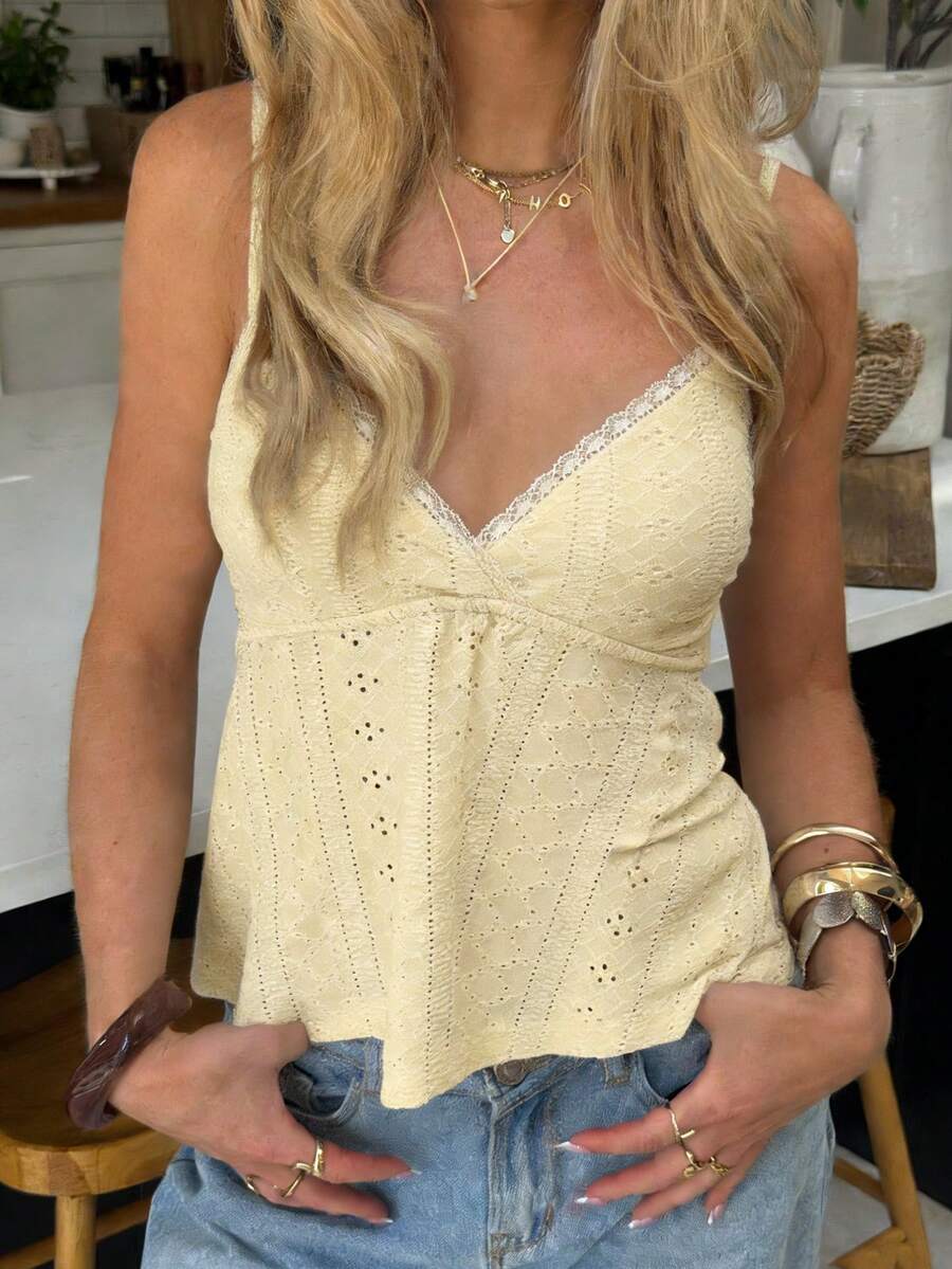 CovetEZ Women's Casual Yellow Lace Trim Camisole Top, Summer - Yellow - View 1