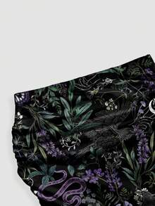 ROMWE Black Gothic Dark Mysterious Garden Forest Snake Eagle Moth Plant Print Ruched Bodycon Mermaid Skirt For Women - Black - View 4