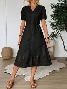 EMERY ROSE Women's Regular V-Neck White Lace Half Sleeve Long Dress ,Summer Dress,Spring Dresses For Women - Black - View 7