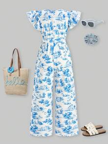 SHEIN ChillGRL 少女优雅碎花短袖连体裤，适合日常通勤、休闲、度假和聚会。 - 藍白色 - 查看 2