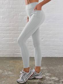 Musera Sport 罗纹高腰缝线细节修身运动紧身裤，适合板式网球、网球、匹克球、健身房、瑜伽、普拉提、日常休闲等运动。 - 淺灰色 - 查看 3