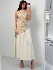Aloruh Modern Beige Set,Elegant Summmer Vacation One-Shoulder Cinched Waist Metal Buckle Top & Straight-Leg Pants,Dignified Office Wear & Casual Outfits - Multicolor - View 5