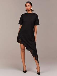COSMINA 圆领短袖T恤裙，不对称下摆饰有蕾丝花边，独特T恤，时尚单品，夏季女式T恤，黑色T恤，休闲女式T恤 - 黑色 - 查看 5