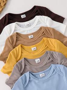 Bộ 6 món áo liền quần ngắn tay màu trơn cho bé trai/bé gái sơ sinh, thoáng khí và dễ thương, thích hợp để mặc lót hoặc mặc ngoài vào mùa xuân/hè. - Nhiều màu - Xem 4