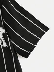 SHEIN Tween Boy Summer Casual Striped Letter Print Front Button Short Sleeve Shirt - Black - View 3