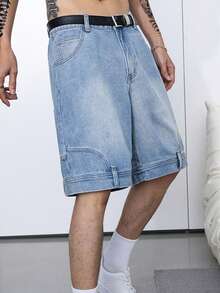 Manfinity Hypemode Summer Distressed Blue Washed Loose Straight Leg 5-Pocket Denim Shorts - Blue - View 3