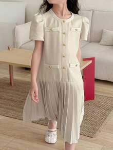 DAZY Tween Girl Pleated Round Neck Front Button Elegant Short Sleeve Dress Spring - Apricot - View 1