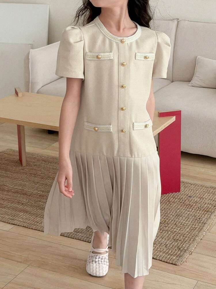 Tween Girl Pleated Round Neck Front Button Elegant Short Sleeve Dress Spring