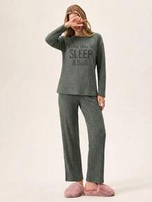 EURMUSE Love You To Sleep & Back Ribbed Pajama Set – Cozy Long Sleeve Loungewear For Sweet Dreams - Green - View 4