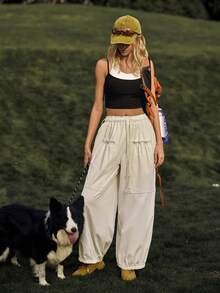 Medorelle Quần ống rộng nữ kiểu harem, màu trơn, dáng rộng, có túi vá ở eo và dây rút, thích hợp cho các hoạt động thể thao ngoài trời và mùa thu. - Màu be - Xem 1