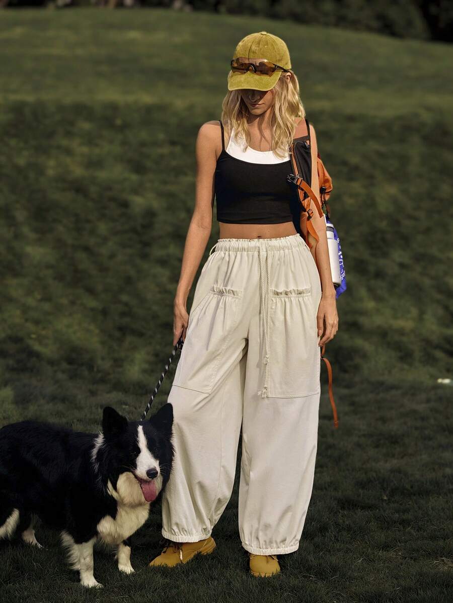 Medorelle Quần ống rộng nữ kiểu harem, màu trơn, dáng rộng, có túi vá ở eo và dây rút, thích hợp cho các hoạt động thể thao ngoài trời và mùa thu. - Màu be - Xem 1