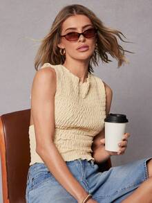 Hauture Áo voan không tay màu vàng bơ gợi cảm, hở lưng, xếp ly, đơn giản, thanh lịch dành cho nữ. - Vàng nhạt - Xem 3