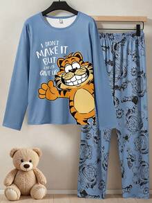 Boys' Tiger Print Knit Fabric Comfortable Soft Long Sleeve Top And Pants 2 Pieces Casual Pajama Set - Blue - View 3