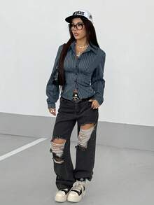 StreetHx 女士复古条纹修身衬衫 - 藏蓝色 - 查看 4