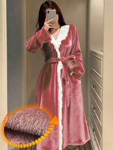 DAZY Women's Long Plush Lace Ruffle Hem Splice Pink Bathrobe, Winter - Baby Pink - View 3