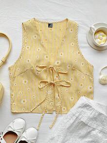 SHEIN EZwear New Summer Vacation Holiday Women's Casual Daisy Plaid Print V-Neck Tie Front Sleeveless Blouse, Summer - Yellow - View 5
