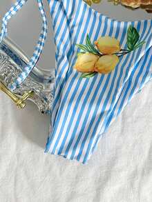 Swim Vcay Women's Halter Tie Striped Print Bikini Set - Blue - View 5