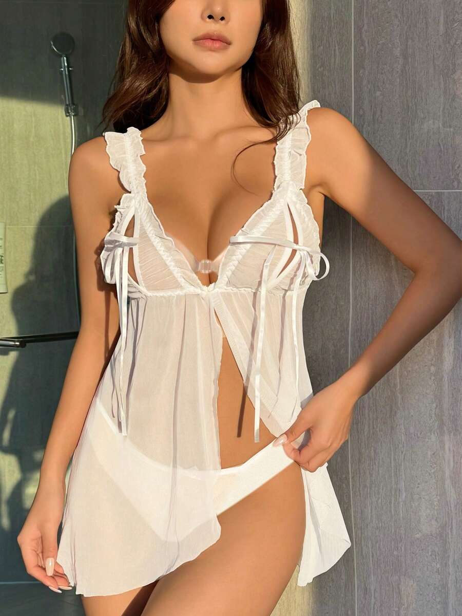 DAZY 2pcs/Set See-Through Mesh Bow Ruffle Trim Front Opening Nightgown And Thong Sexy Lingerie Set For Going Out - White - View 1