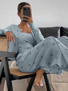3pcs Bow Print All-Over Allover Print Cardigan, Camisole And Pants Women Pajama Set, Spring - Baby Blue - View 4
