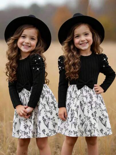 Elladie kids 女童圆领泡泡袖珍珠装饰针织拼接花边大蝴蝶结长袖连衣裙，休闲度假装，春秋季