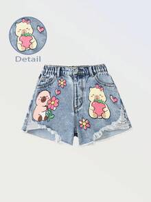 SHEIN Sparklyn 少女款重度水洗卡通拼接印花做旧休闲牛仔短裤 - 淺色水洗藍 - 查看 4