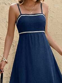 SHEIN Frenchy Đầm slip nữ mùa hè kiểu dáng thường ngày, thêu họa tiết cây cỏ, thắt eo. - Màu xanh hải quân - Xem 8