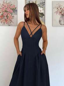 Siren Gaze 女士纯色交叉设计吊带长裙 - 藏蓝色 - 查看 2