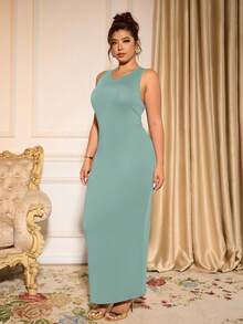 Cravure Plus Size Elegant Solid Color Sleeveless Fitted Dress, Summer - Lime Green - View 8