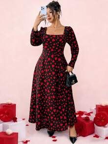 Elenzga Damen Große Größen elegantes Herz-Muster V-Ausschnitt Langarm Schleife Binden Maxikleid, geeignet für Valentinstag Date