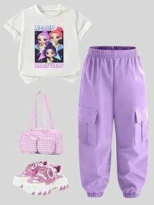 2pcs/Set Girl Group Star Idol Print Short Sleeve Top And Jogger Pants Set, Casual & Fashionable For Girls, Suitable For Spring, Summer, Autumn, Winter - Multicolor - View 2