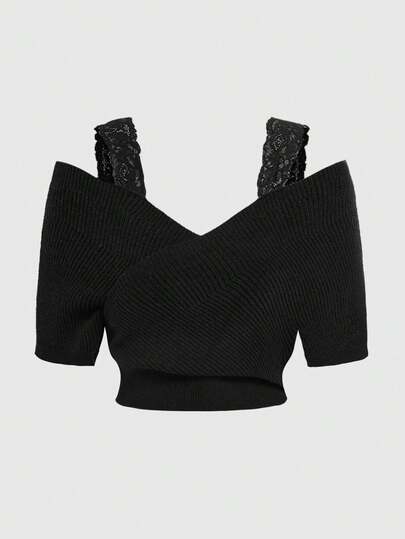 ROMWE Kawaii Spring And Summer Gothic Lace Camisole V-Neck Short Sleeve Knit Top, Black Criss-Cross Neck Knit Blouse For Women, Plus Size Knit Top